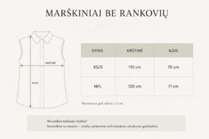 Moteriškų lininių marškinių dydžių lentelė su krūtinės, ilgio ir rankovių matmenimis